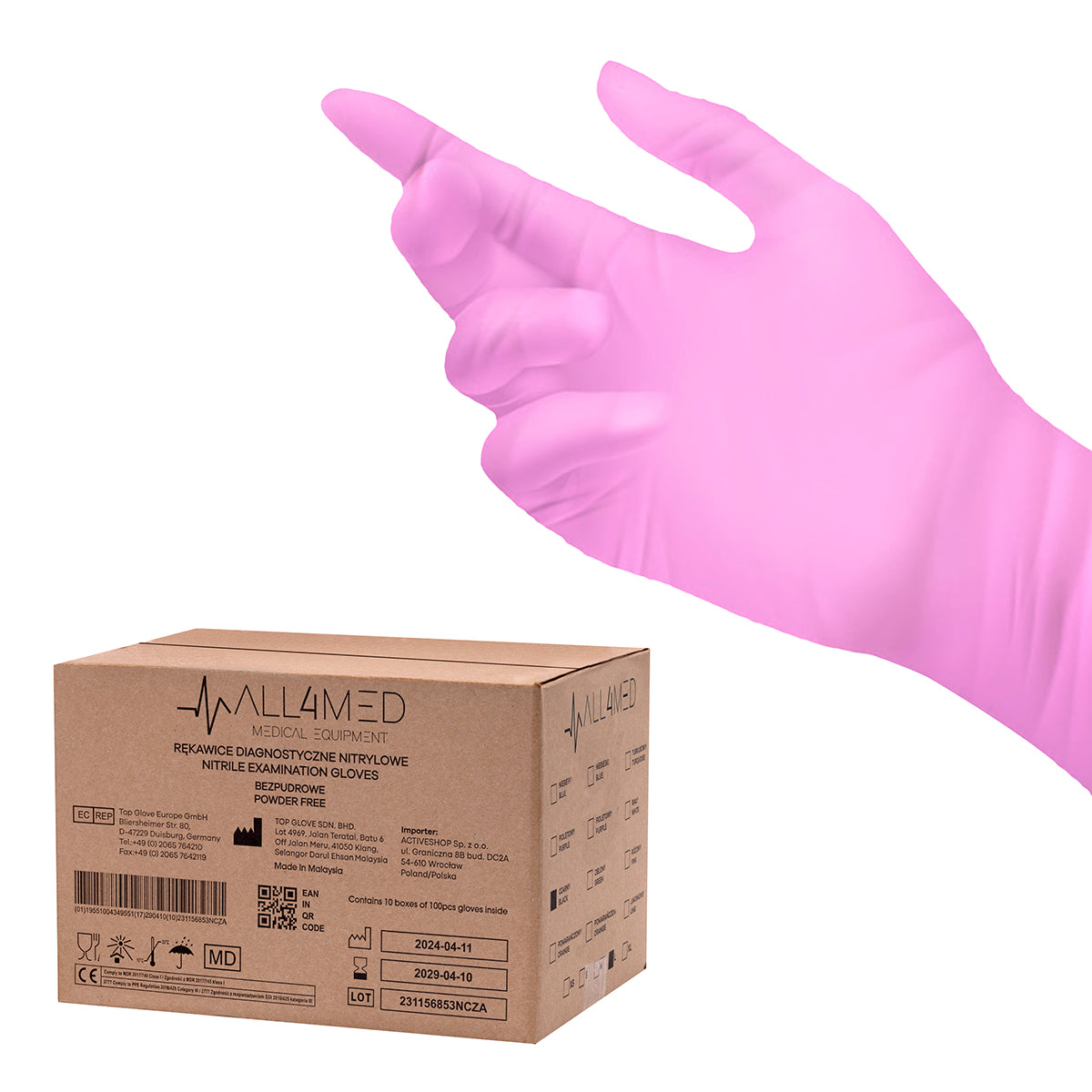 All4med disposable diagnostic nitrile gloves pink M 10x100 pieces