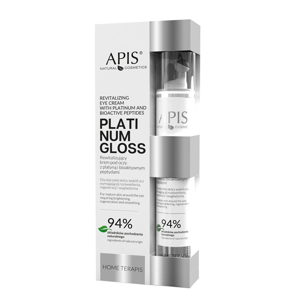 Crème revitalisante pour les yeux Apis home terapis platinum gloss avec platine et peptides bioactifs 10 ml